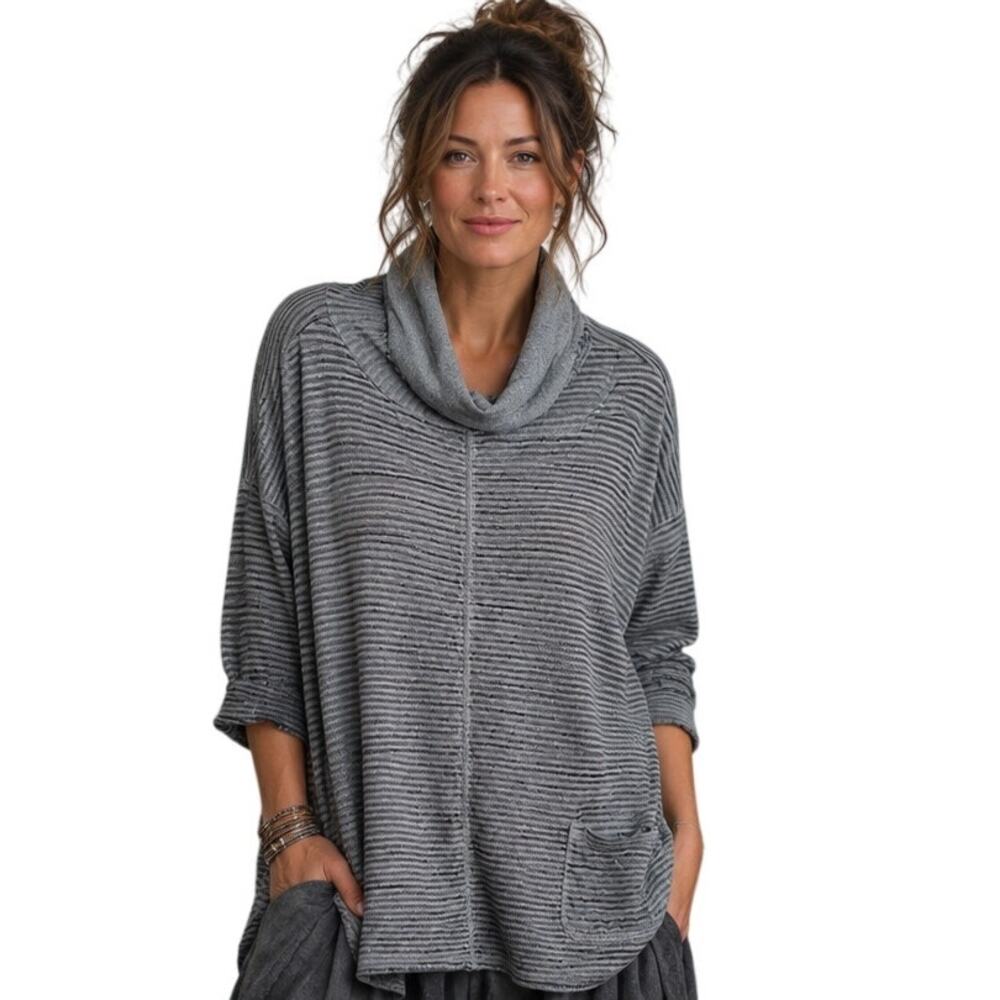 Cut Loose Striped Cowl Neck Pullover Womens Size 2X Gray Blue Lagenlook Top